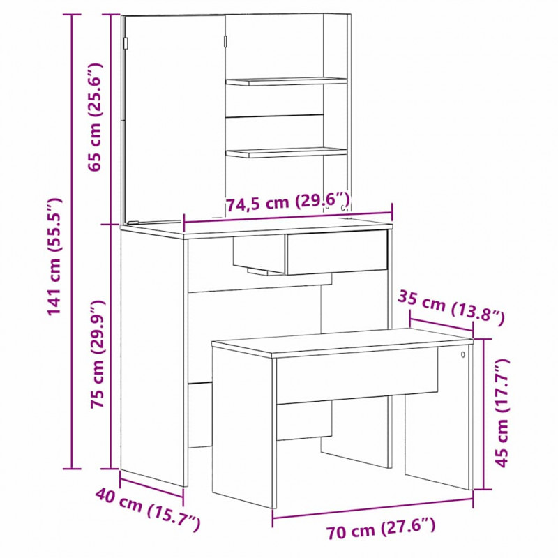 Zestaw toaletki 2 pcs Czarny Dąb Materiał drewnopochodny