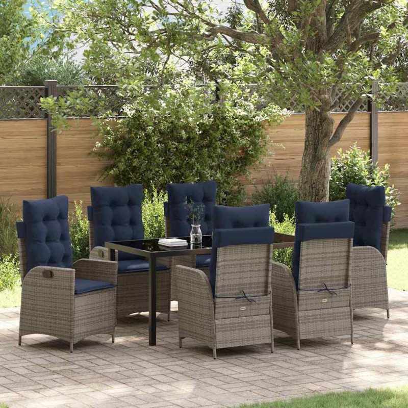 Zestaw do jadalni w ogrodzie 7 pcs Szary i czarny rattan