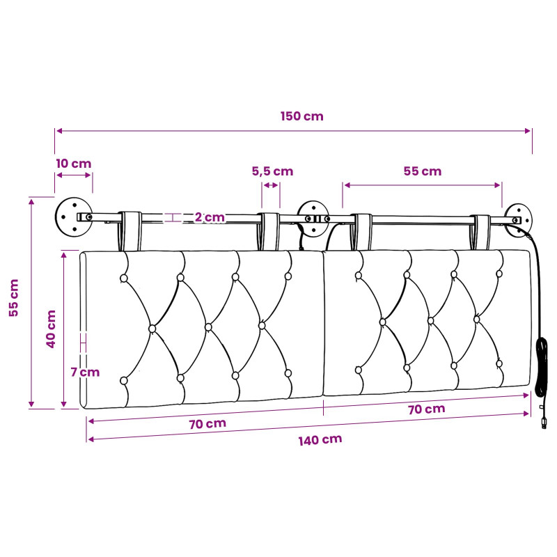 Wezgłowie wiszące Z lampą LED Czarny Welur