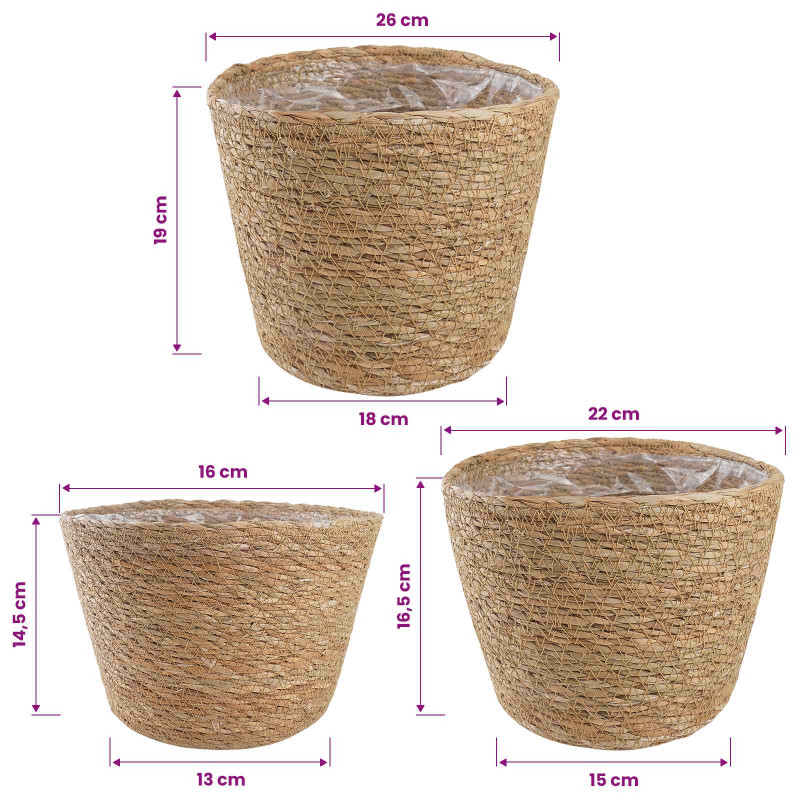 Kosze na rośliny z trawy morskiej 3 pcs naturalny Ø26 x 19 cm