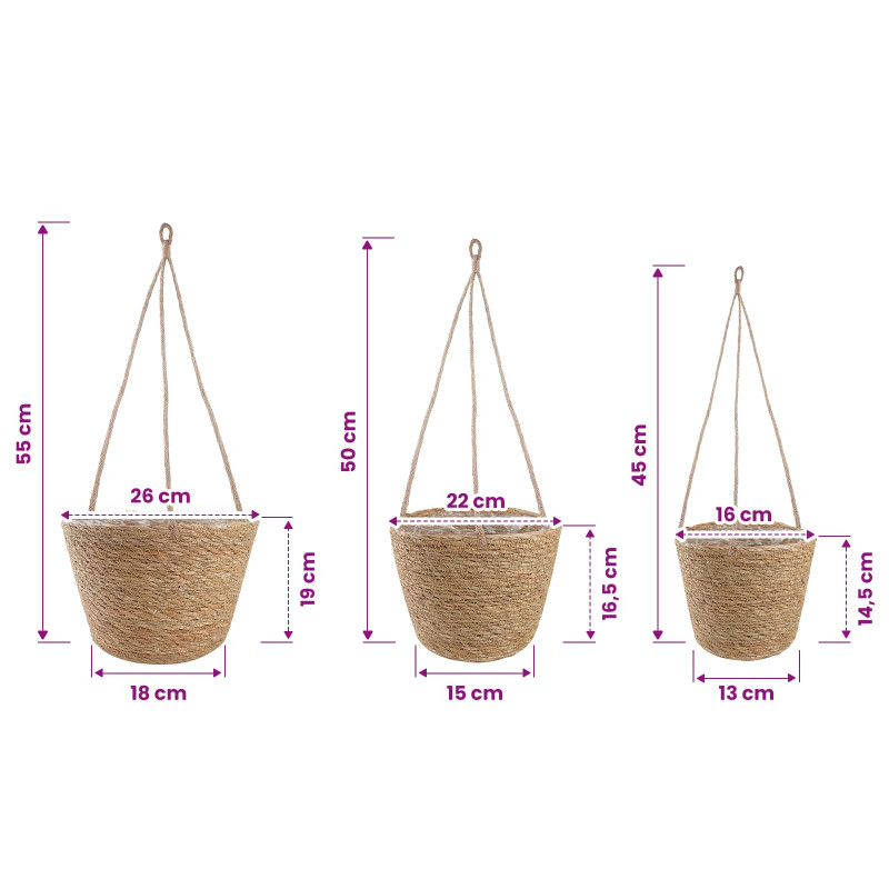 Kosze na rośliny z trawy morskiej 3 pcs naturalny Ø26 x 19 cm