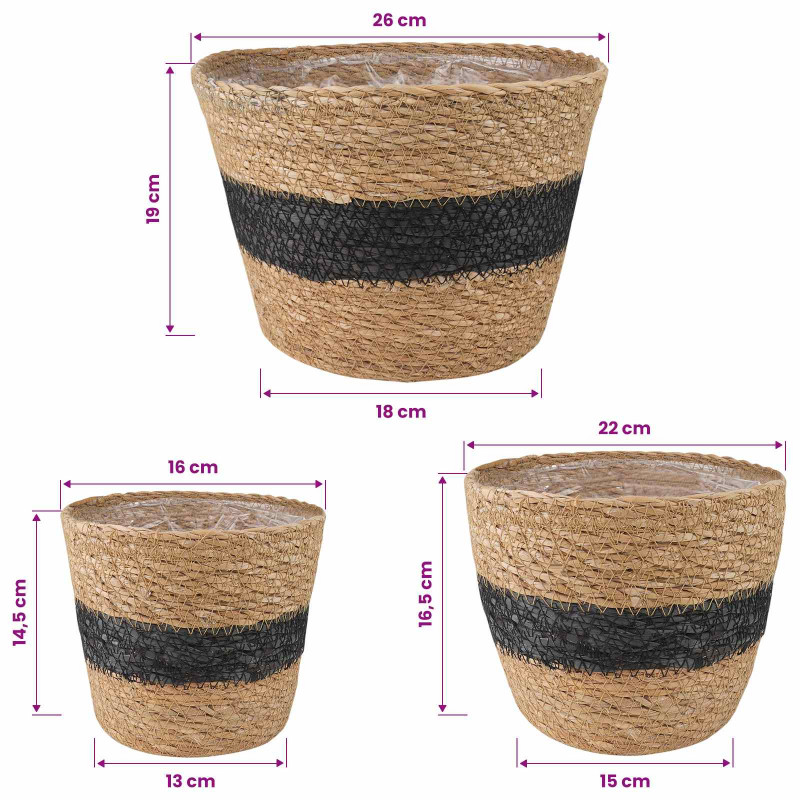 Kosze na rośliny z trawy morskiej 3 pcs Naturalny i czarny