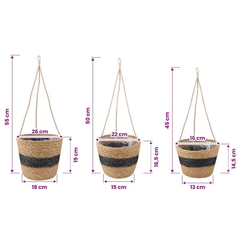 Kosze na rośliny z trawy morskiej 3 pcs Naturalny i czarny