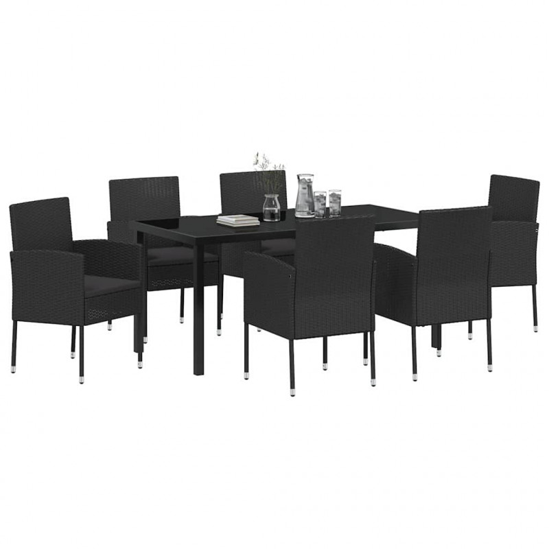 Zestaw do jadalni w ogrodzie z poduszką 7 pcs Czarny polirattan