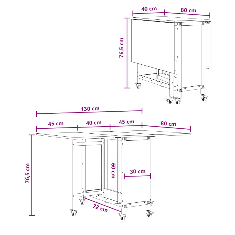 Składany stół jadalny z kółkami 130 x 80 x 76,5 cm stal PB