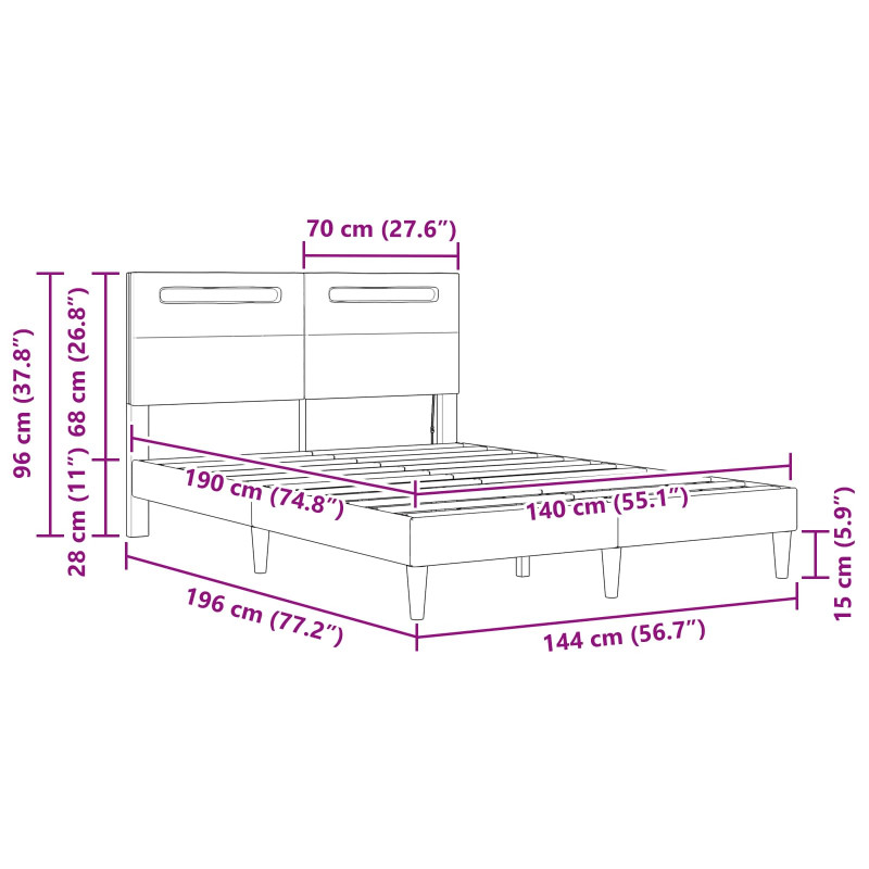 Ramka łóżka z paskami LED Szary 140 x 190 cm Ekoskóra