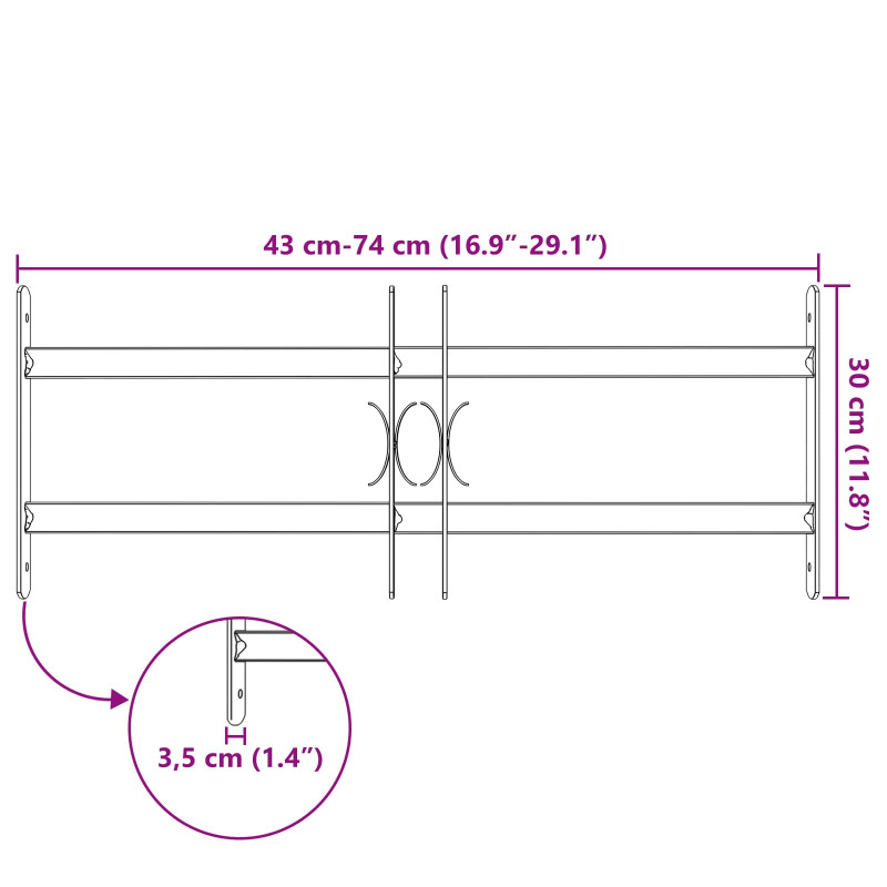 Krata bezpieczeństwa do okien z 2 poprzeczkami 3 pcs 43-74 cm