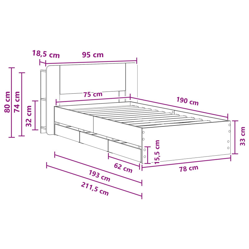Rama łóżka z przechowywaniem Z zagłówkiem Czarny 75 x 190 cm