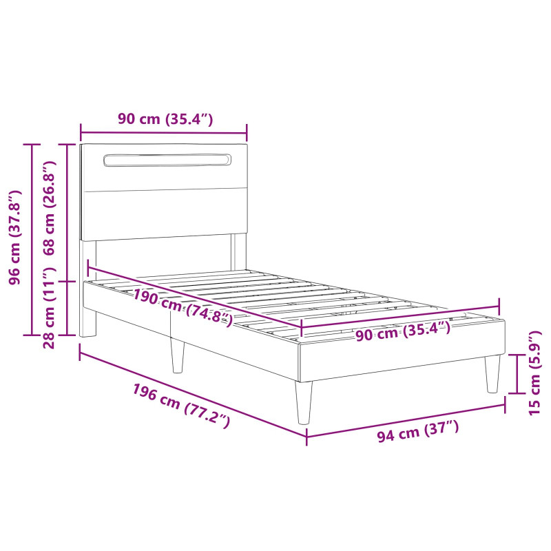 Ramka łóżka z paskami LED Szary 90 x 190 cm Ekoskóra