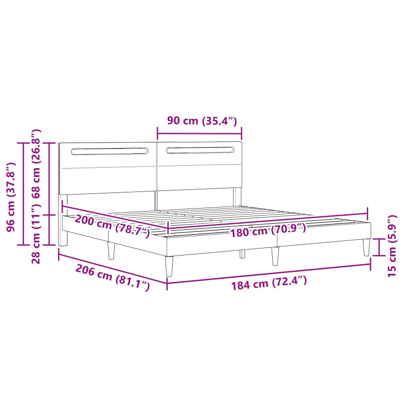 Ramka łóżka z paskami LED Biały 180 x 200 cm Ekoskóra