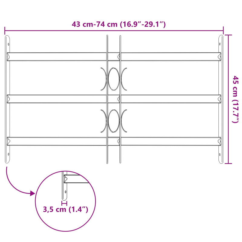 Krata zabezpieczająca do okien z 3 poprzeczkami 43-74 cm