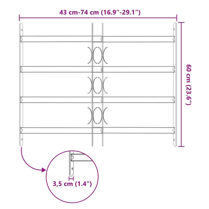 Krata zabezpieczająca do okien z 4 poprzeczkami 3 pcs 43-74 cm