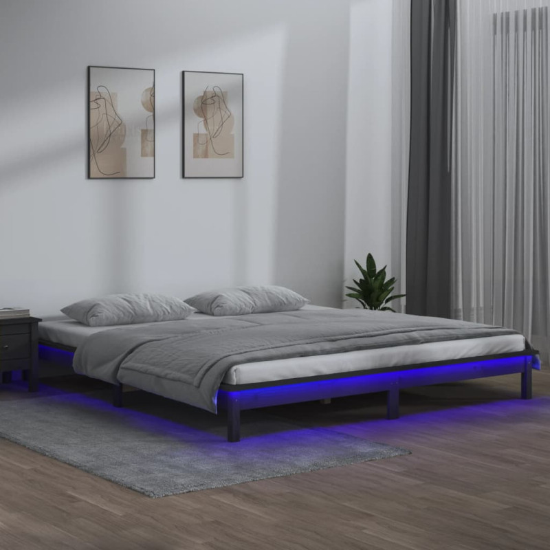 Rama łóżka z LED, szara, 120x200 cm, lite drewno