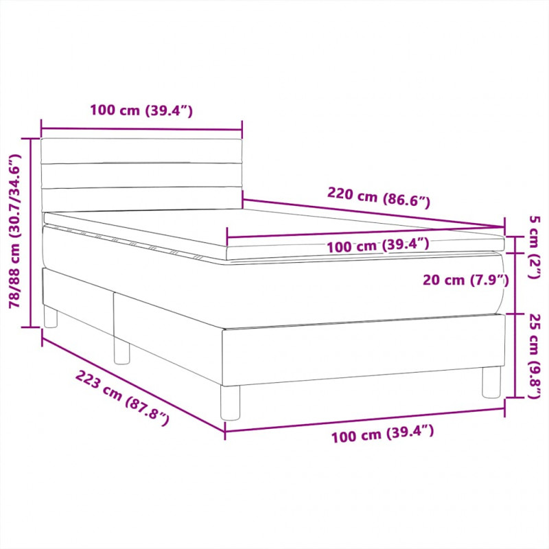 Łóżko kontynentalne z materacem i LED, czarne, 100x220 cm, aksamit