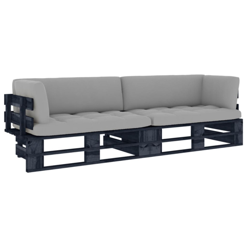 Sofa 2-osobowa z palet, z poduszkami, czarna, drewno sosnowe
