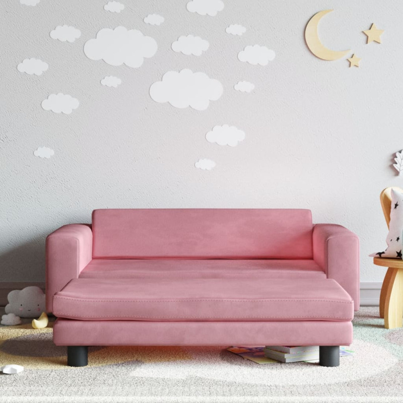 Sofa dziecięca z podnóżkiem, różowa, 100x50x30 cm, aksamit