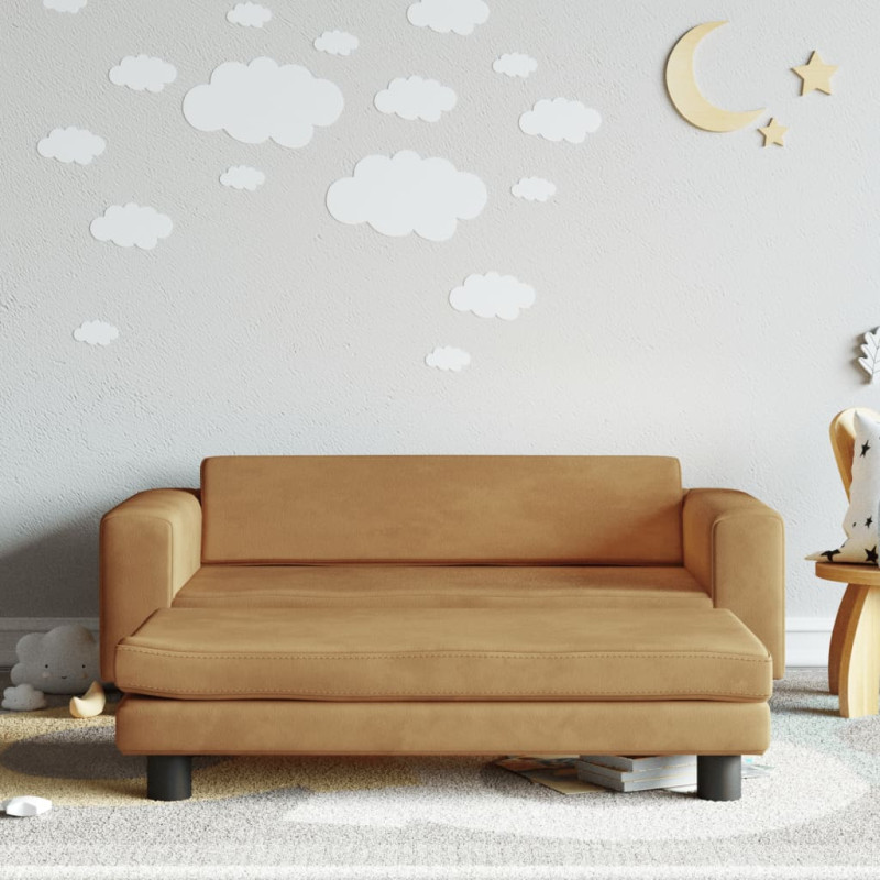 Sofa dziecięca z podnóżkiem, brązowa, 100x50x30 cm, aksamit