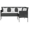 Sofa w kształcie litery L z poduszkami, rattan PE, czarna