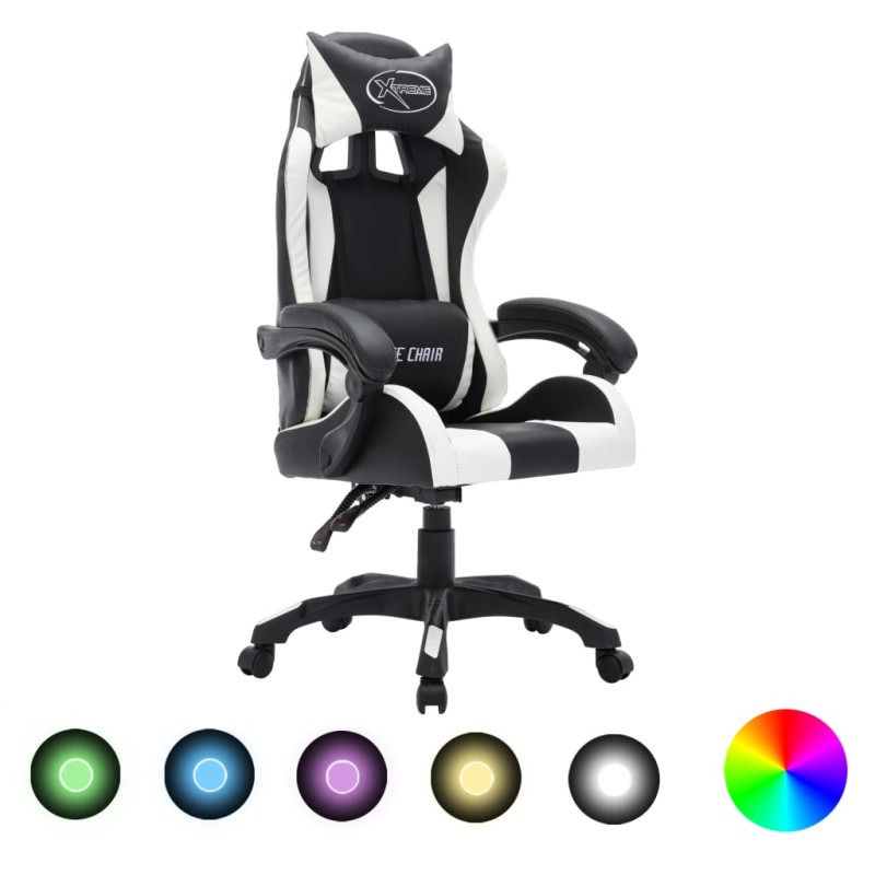 Fotel dla gracza z RGB LED, biało-czarny, sztuczna skóra