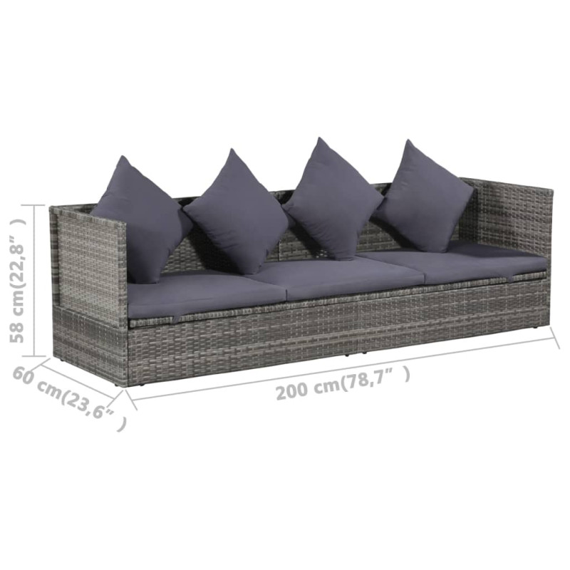 Leżanka ogrodowa, szara, 200 x 60 cm, rattan PE