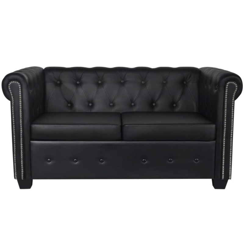 Sofa 2-osobowa w stylu Chesterfield, sztuczna skóra, czarna