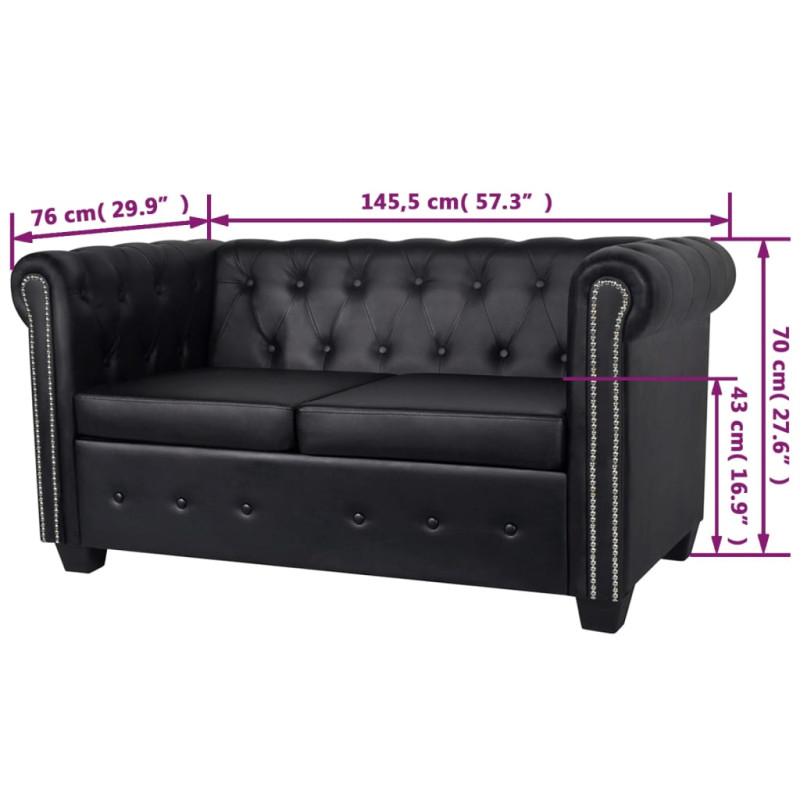 Sofa 2-osobowa w stylu Chesterfield, sztuczna skóra, czarna