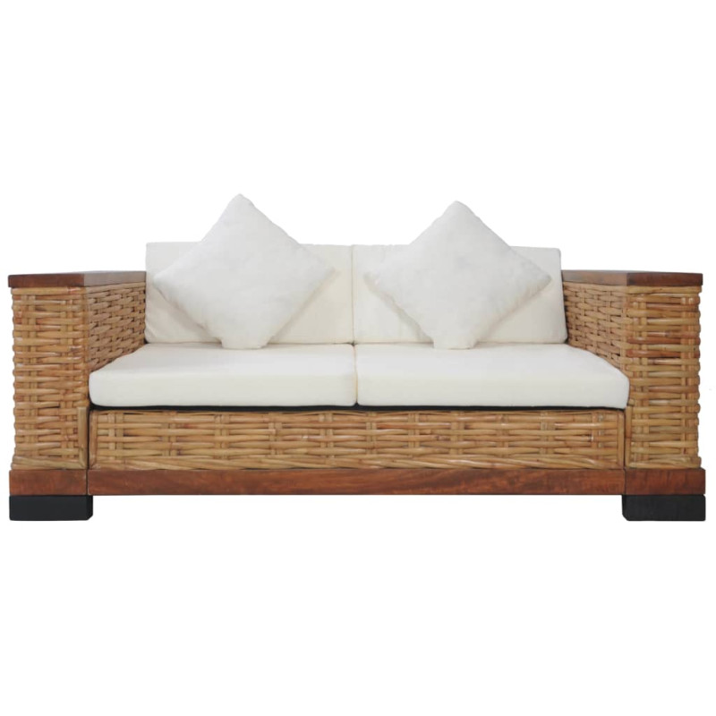 2-osobowa sofa z poduszkami, brązowa, naturalny rattan