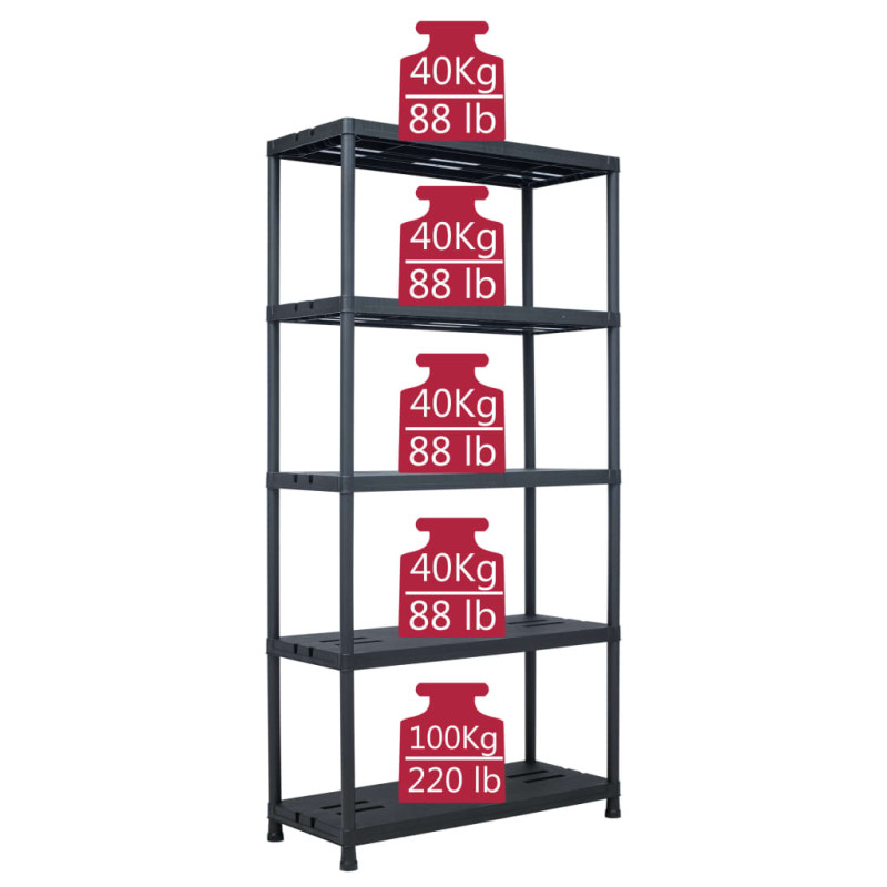 Regał magazynowy, czarny, 260 kg, 90x40x180 cm, plastikowy