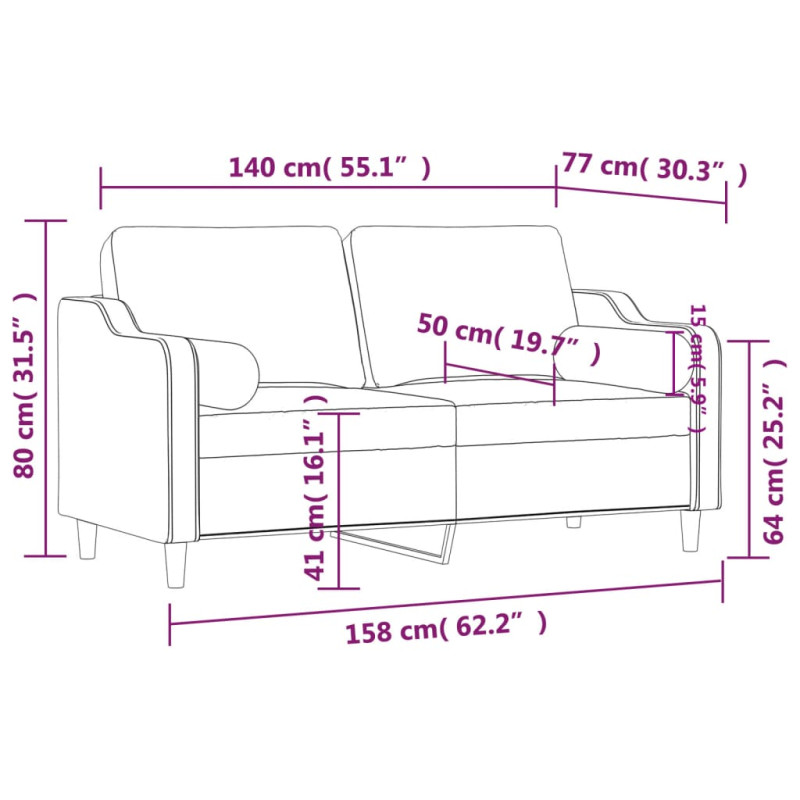 2-osobowa sofa z poduszkami, brązowa, 140 cm, tkanina