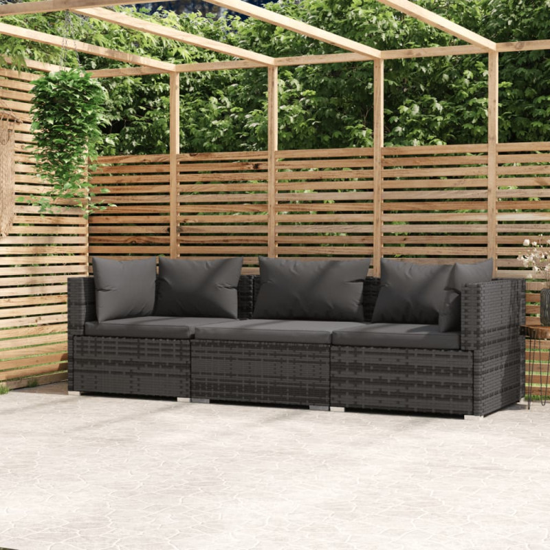 3-osobowa sofa z poduszkami, szara, polirattan