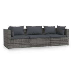 3-osobowa sofa z poduszkami, szara, polirattan