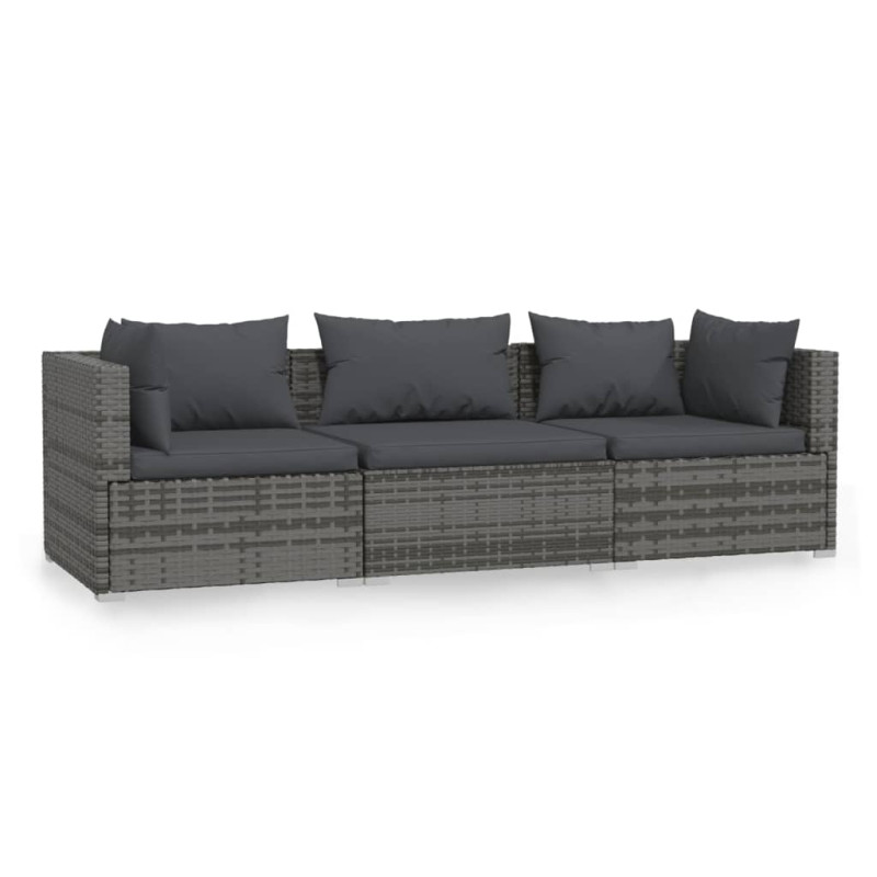 3-osobowa sofa z poduszkami, szara, polirattan
