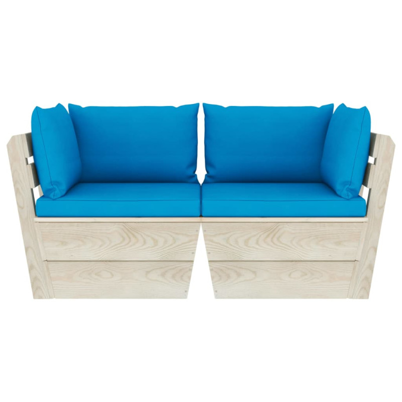 Ogrodowa sofa 2-osobowa z palet, z poduszkami, drewno świerkowe