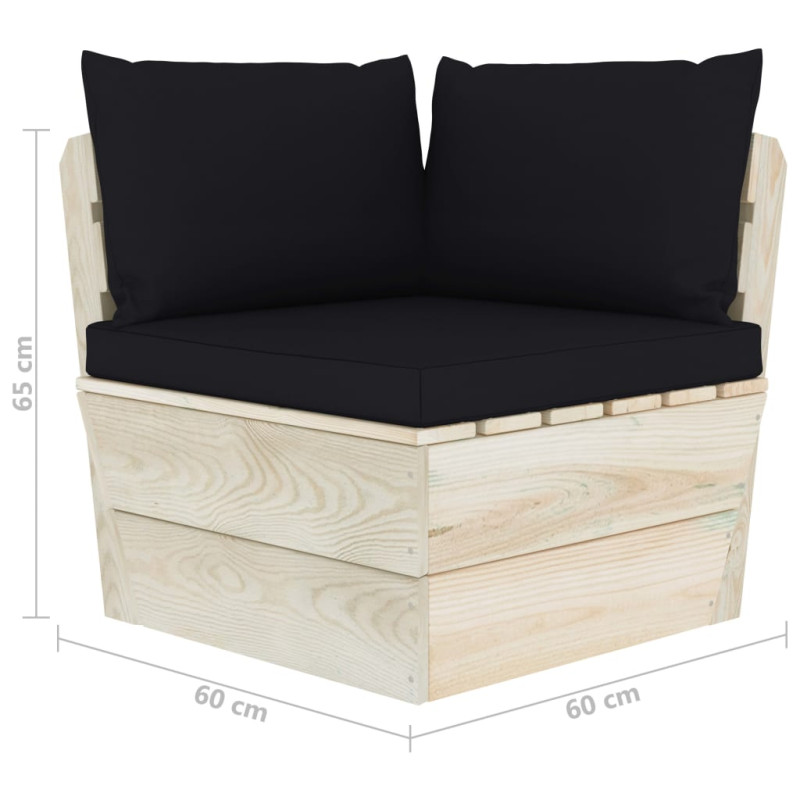 Ogrodowa sofa narożna z palet z poduszkami, impregnowany świerk