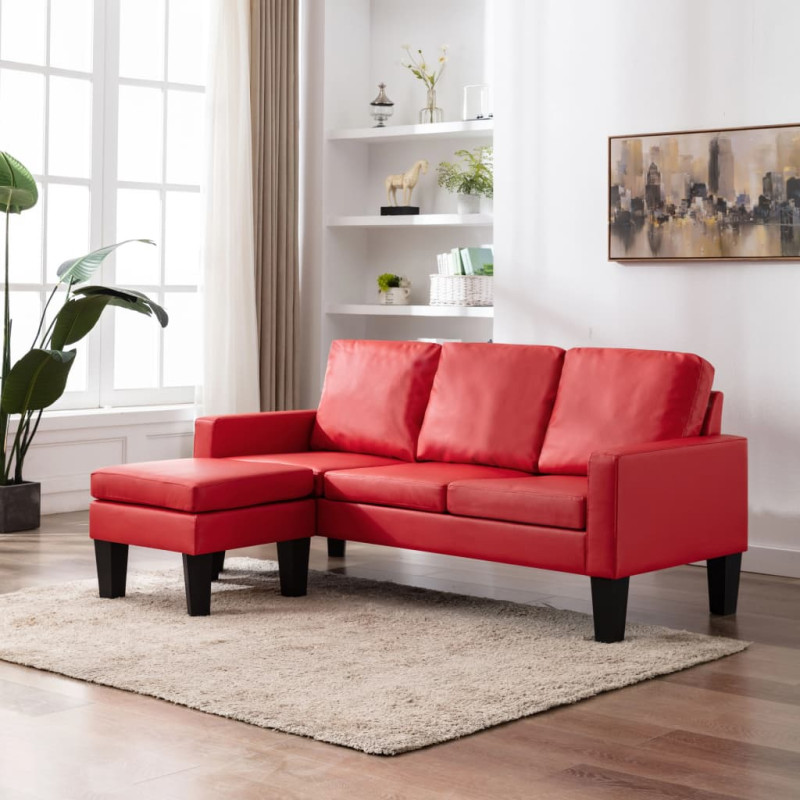3-osobowa sofa z podnóżkiem, czerwona, sztuczna skóra