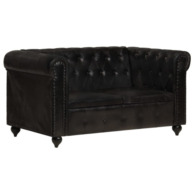 2-osobowa sofa Chesterfield, czarna, skóra naturalna