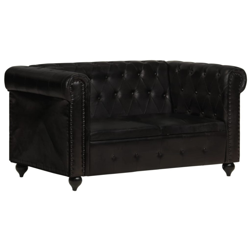 2-osobowa sofa Chesterfield, czarna, skóra naturalna