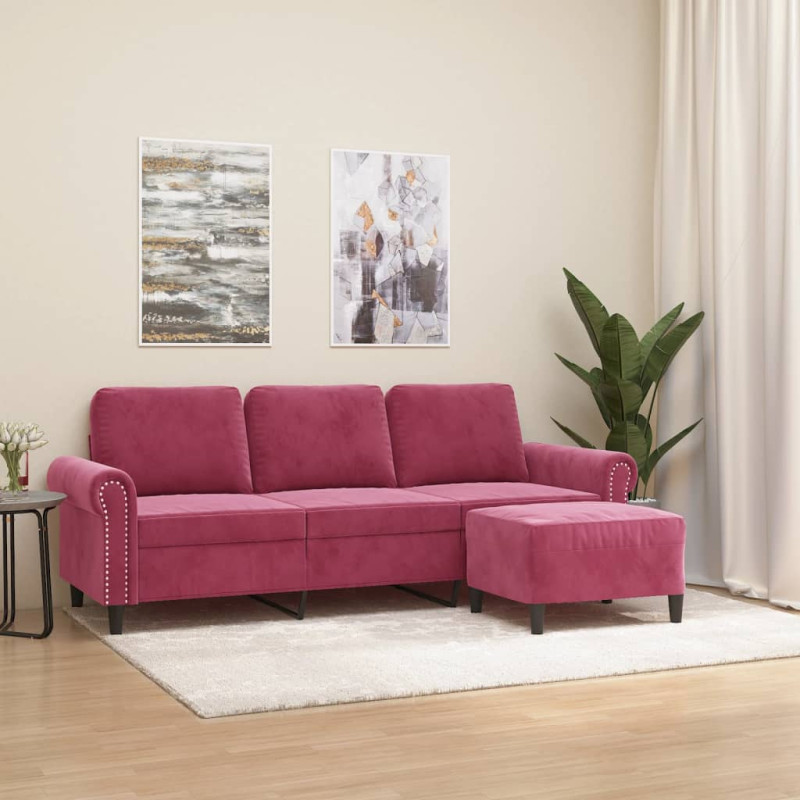 3-osobowa sofa z podnóżkiem winna czerwień 180 cm, aksamit