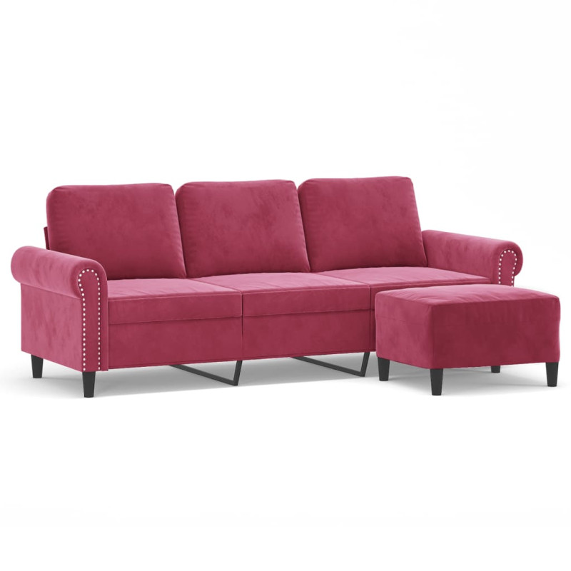 3-osobowa sofa z podnóżkiem winna czerwień 180 cm, aksamit