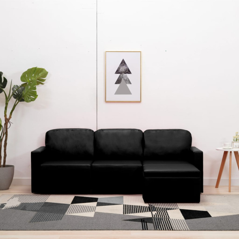 3-osobowa, rozkładana sofa modułowa, czarna, sztuczna skóra