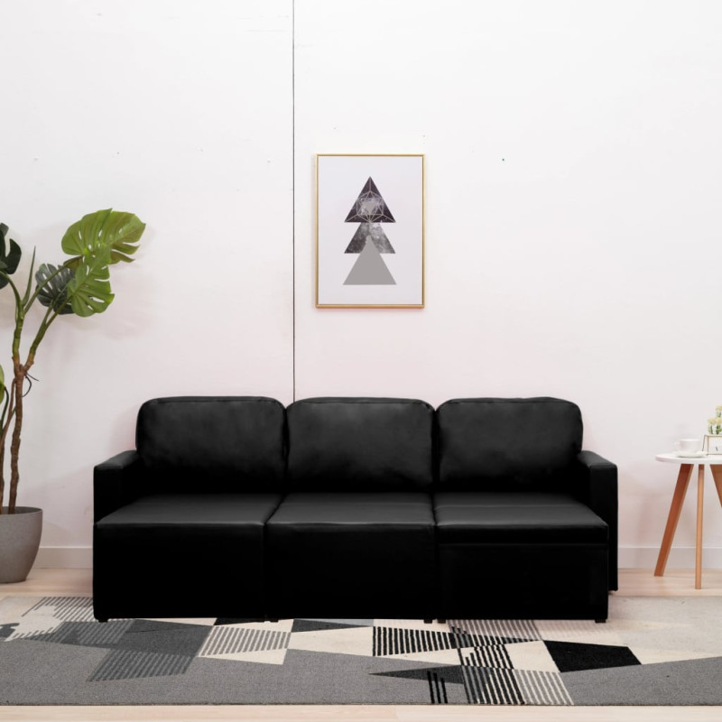 3-osobowa, rozkładana sofa modułowa, czarna, sztuczna skóra