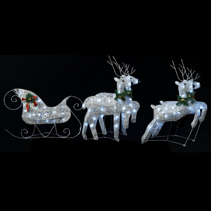 Renifery z saniami, dekoracja do ogrodu, 100 diod LED, srebrne
