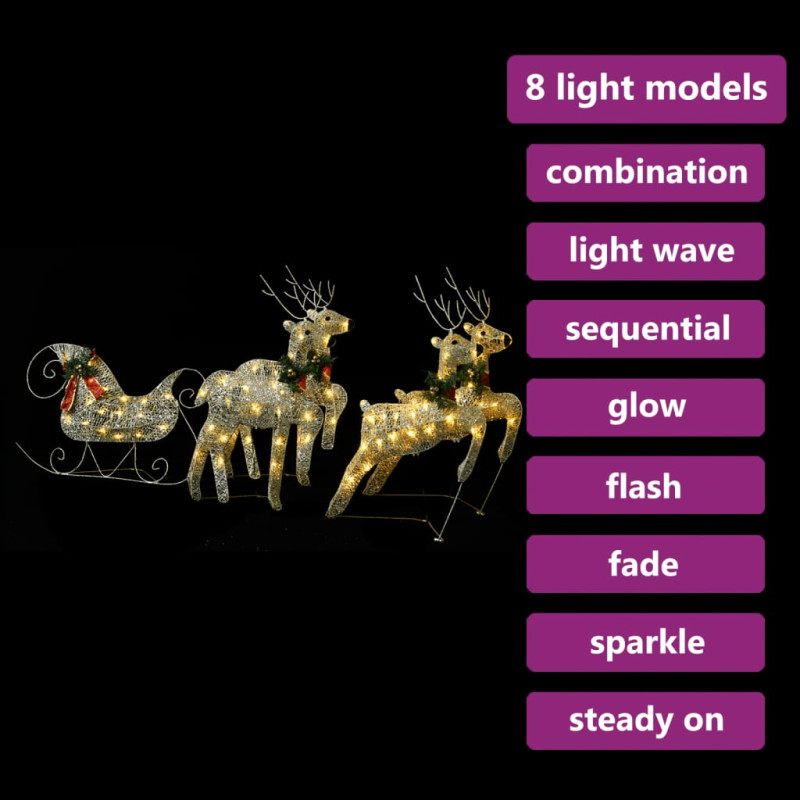 Świąteczna dekoracja, renifery z saniami, 100 diod LED, złota