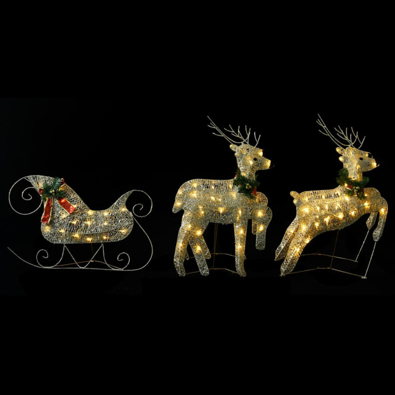 Świąteczna dekoracja, renifery z saniami, 100 diod LED, złota