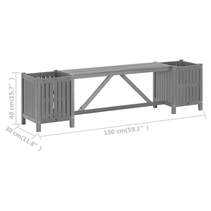 Ławka ogrodowa z 2 donicami 150 cm, lite drewno akacjowe, szara