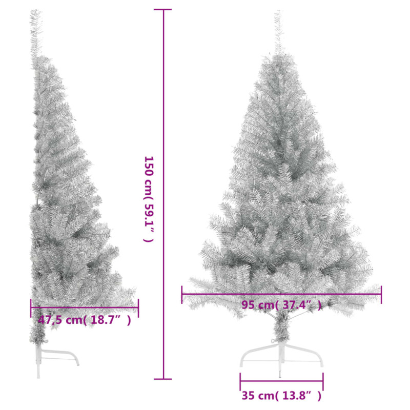 Sztuczna choinka połówka ze stojakiem, srebrna, 150 cm, PET