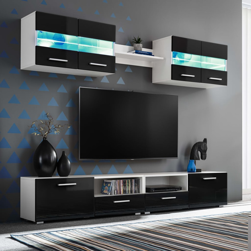 Meblościanka z LED pod TV, 5 elementów, czarna na wysoki połysk