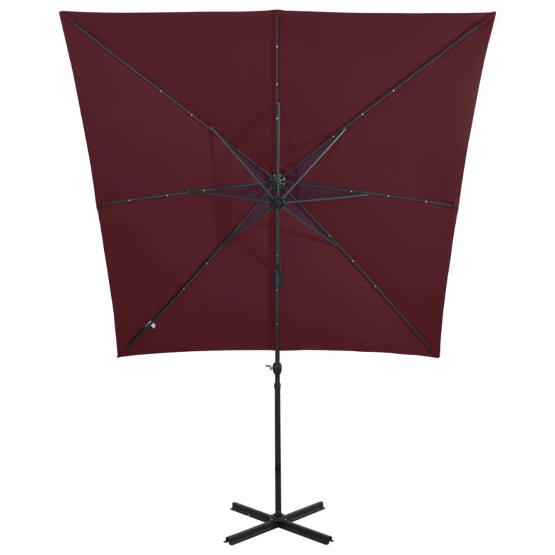 Parasol wiszący z LED i słupkiem, bordowy, 250 cm