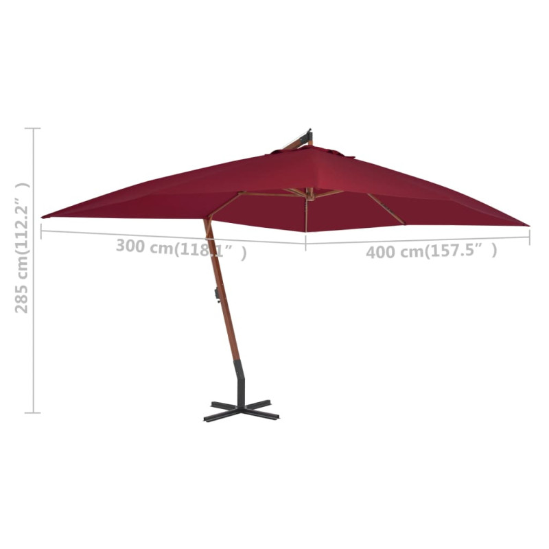 Wiszący parasol z drewnianym słupkiem, 400x300 cm, bordowy