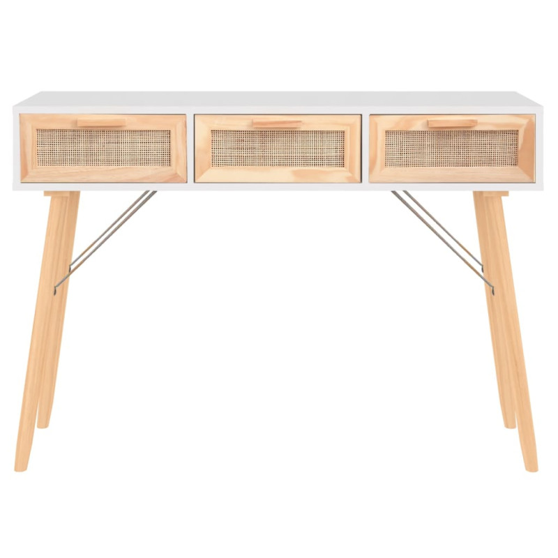 Stolik konsolowy, biały, 105x30x75 cm, drewno sosnowe i rattan